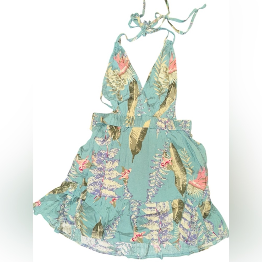 NWOT SHEIN Extra Small Green Blue Multi Tropical Print Halter Tie Back Sexy Mini - Picture 7 of 7